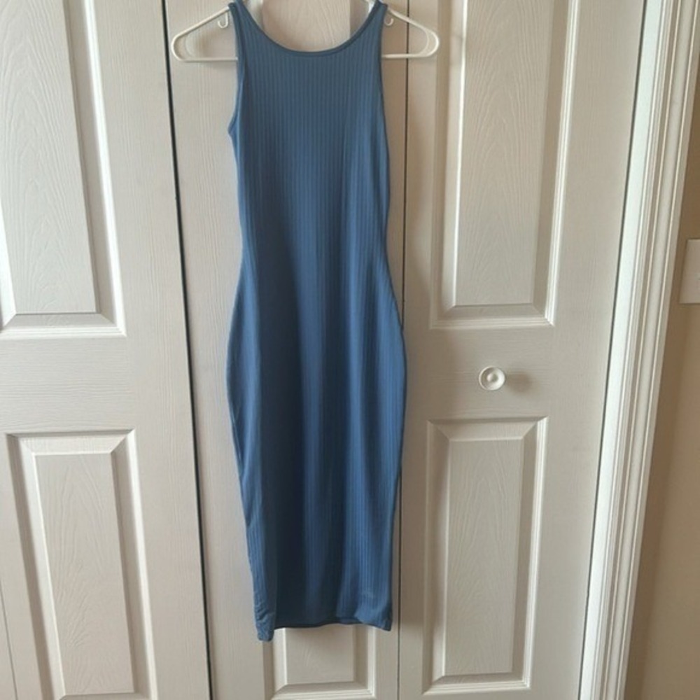 Oh Polly Blue Ribbed Bodycon Midi Dress Sleeveless Racerback Size US 4 UK 8 - Picture 3 of 5
